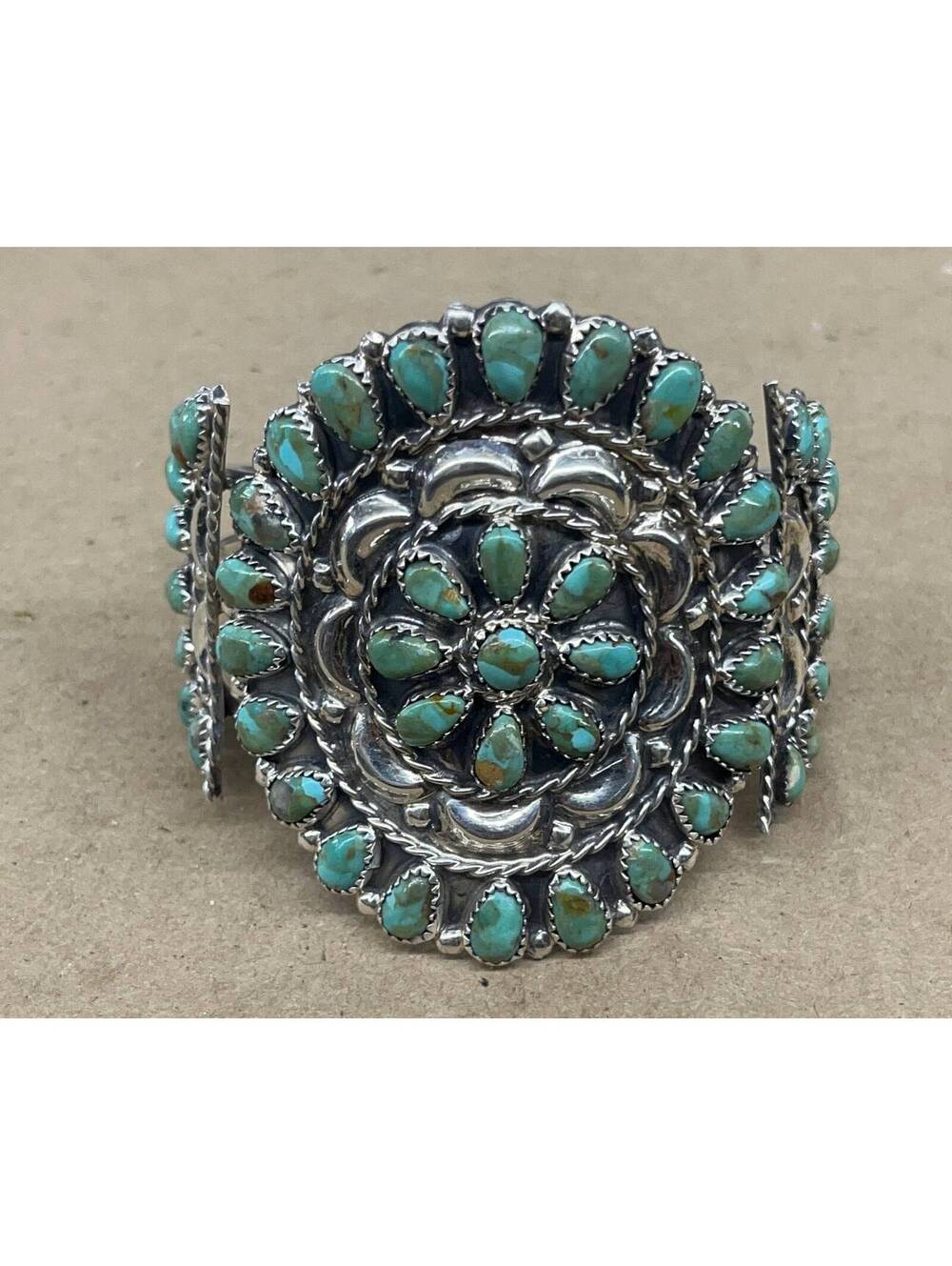 Native American Navajo cluster sterling silver turquoise statement bracelet